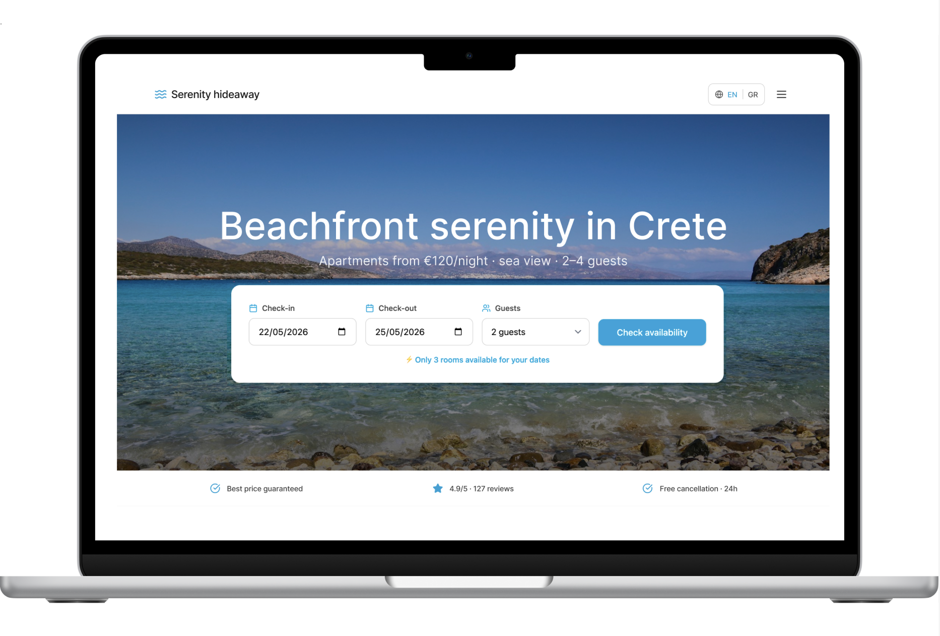 Website screen displaying a seaside resort in Crete with check-in and check-out date fields, guest number, and availability button, over a background view of the beach, sea, and rocky coastline.