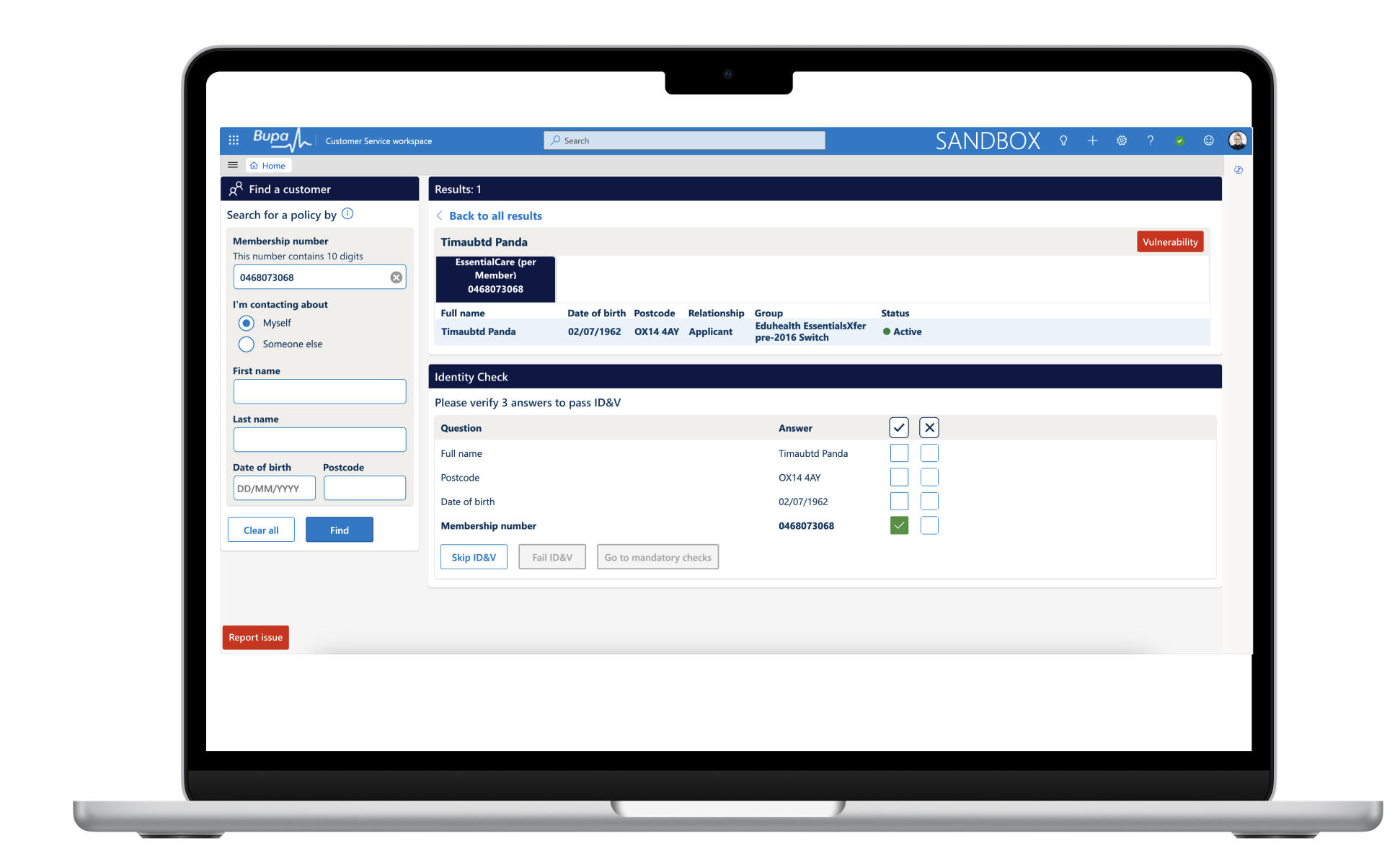 Laptop screen displaying a customer service workspace with a search for a policy by membership number, showing details of a customer named Timaubtd Panda, including their birth date, postcode, relationship, group, status, and ID verification check.