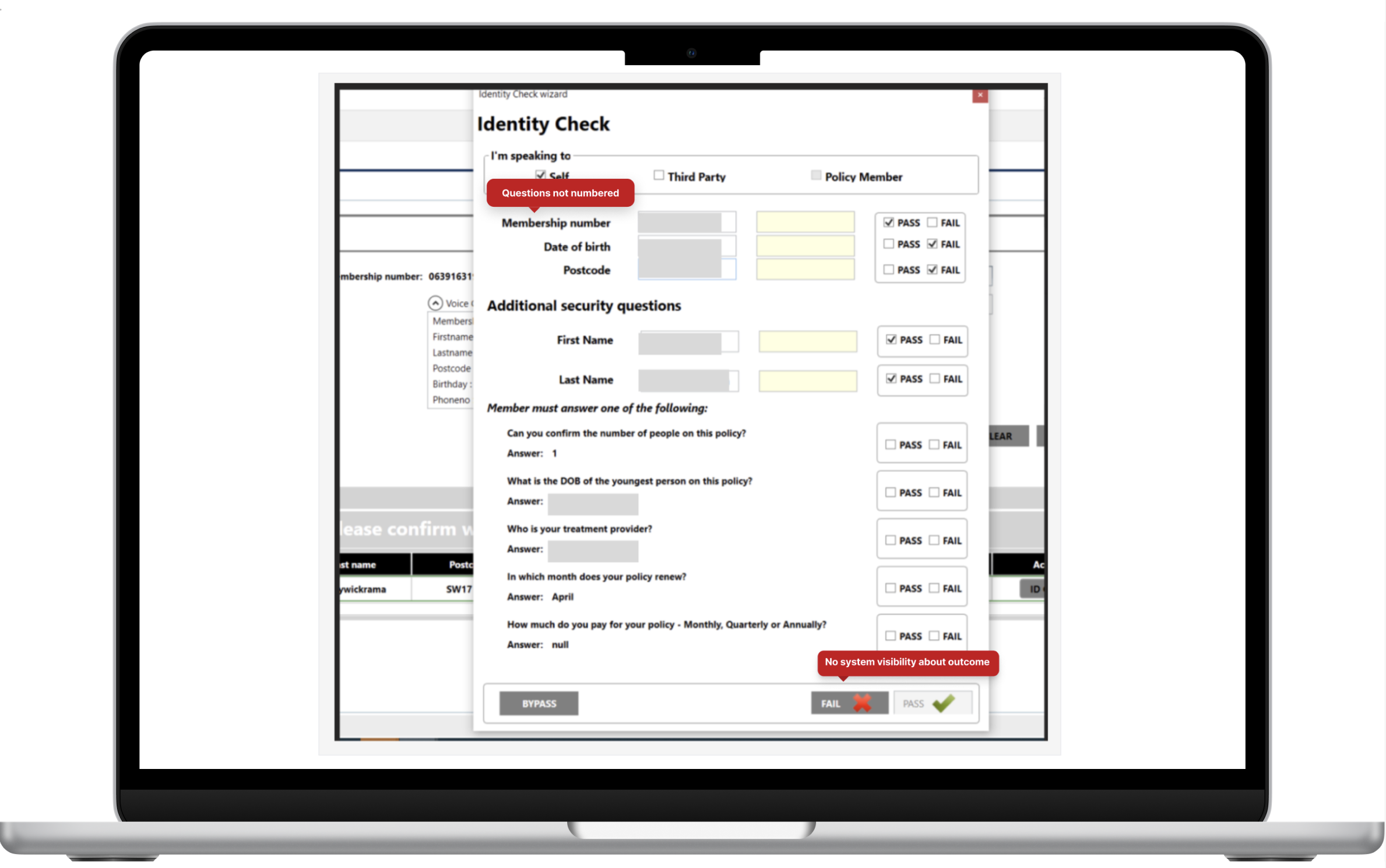 A computer screen showing a digital identity check form with multiple questions and checkboxes, some marked as pass or fail, and a red notification at the bottom indicating system invisibility about outcome.