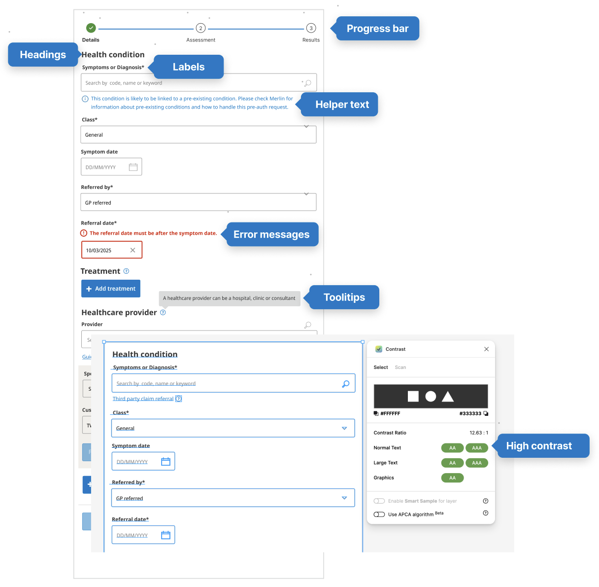 Screenshot of a health data entry form with labeled UI elements. The form includes sections for health condition details, symptoms, diagnosis, and referral information. Labels indicate fields like 'Health condition', 'Symptoms or Diagnosis*,', 'Class*', 'Symptom date', and 'Referral date*'. Error message in red states, 'The referral date must be after the symptom date,' with the date '10/03/2025' entered. There are tooltips for additional guidance, including one explaining healthcare providers. A section at the bottom shows a contrast settings panel with high contrast options: white, black, and various green shades, indicating accessibility features.