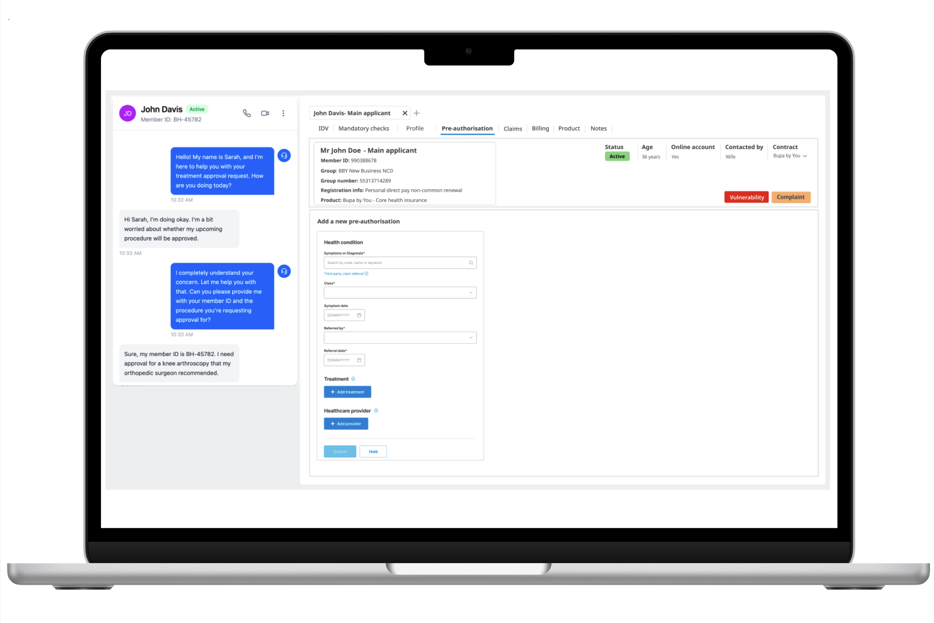 Screenshot of a computer screen displaying a patient management system, showing a chat conversation between Sarah and a healthcare professional, and a patient profile for John Doe with medical details and pre-authorization information.
