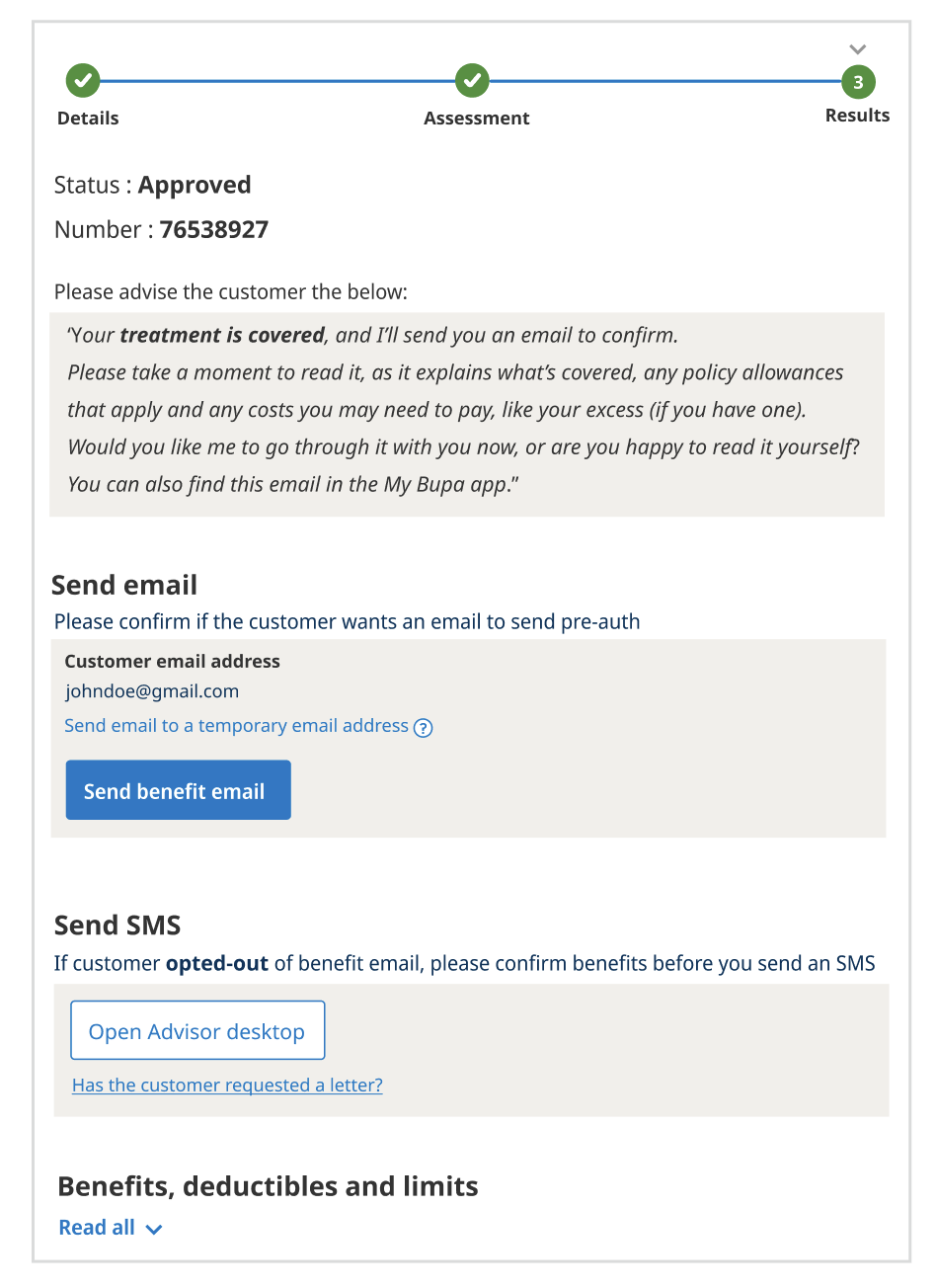 An approval notice from an insurance or benefits platform indicating that a treatment or benefit is approved, with details about sending email and SMS notifications to the customer.