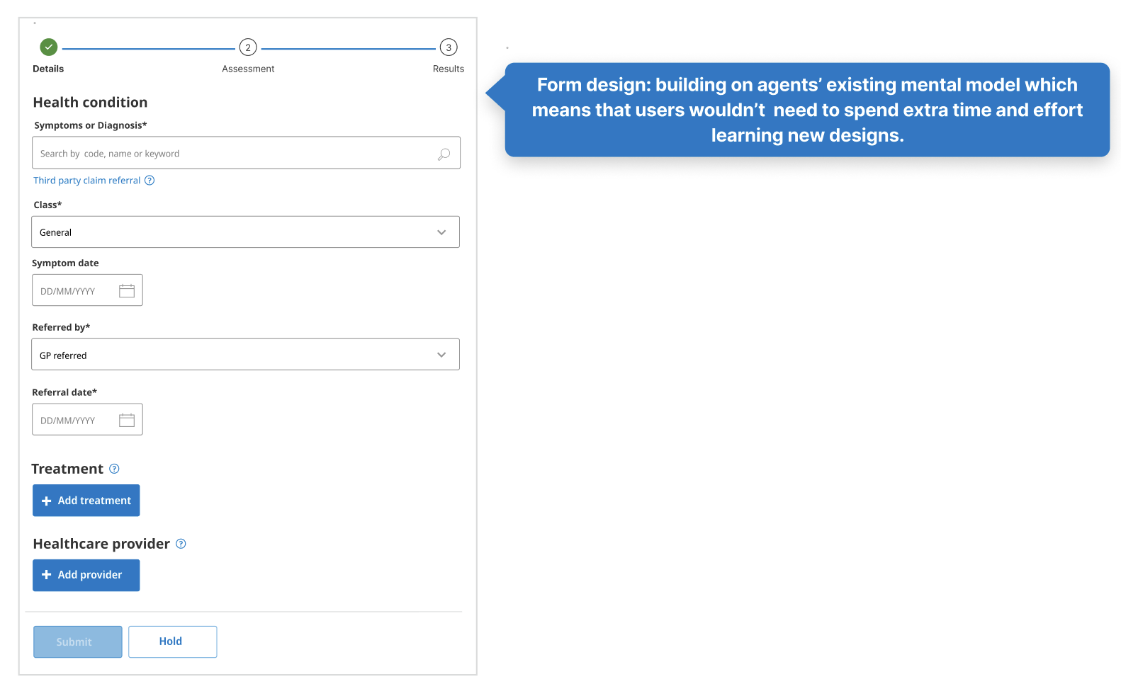 Screenshot of a health assessment form with sections for health condition, symptom date, referral, treatment, and healthcare provider, and a blue speech bubble on the right side explaining form design based on existing mental models.