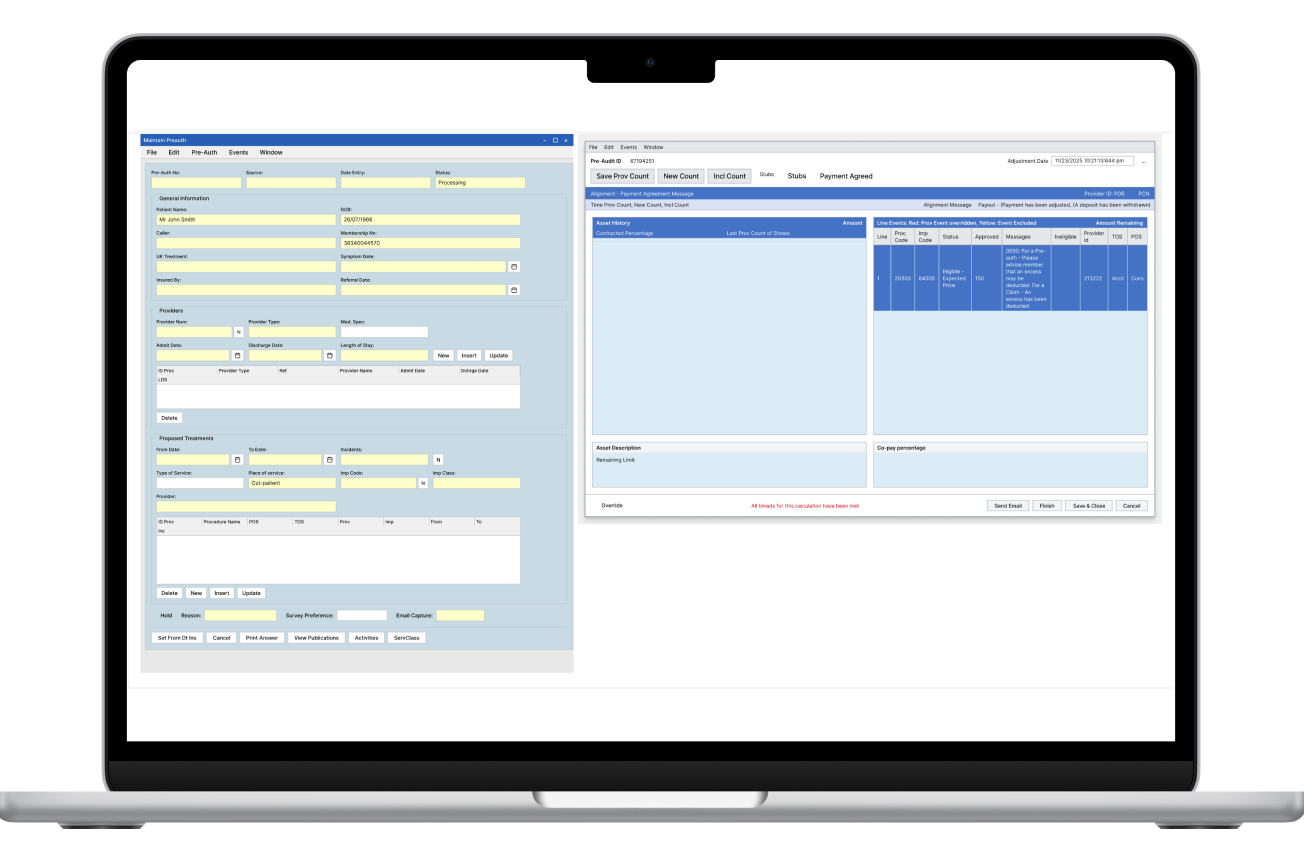 Laptop screen showing a detailed medical or health record form with sections for patient information and treatment details, alongside a blue and white interface with tables and text fields.