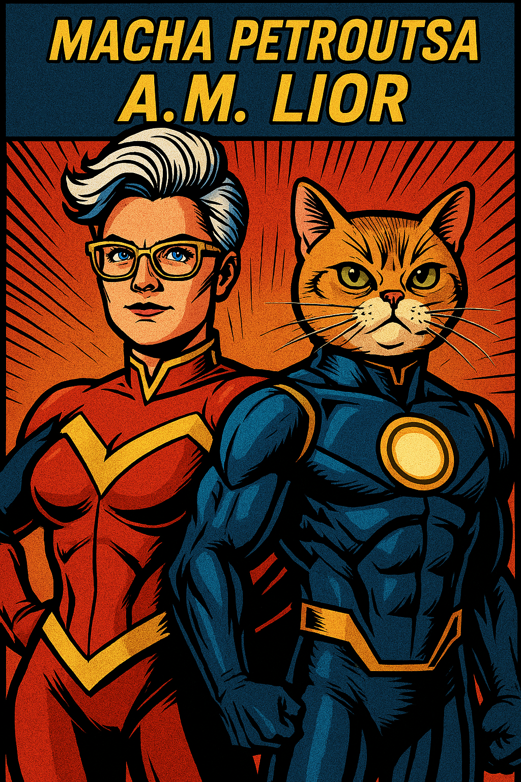 A comic-style illustration of a woman with short gray hair and glasses dressed as a superhero, standing next to an anthropomorphic cat also in superhero costume. The woman's costume is red with yellow accents and the cat's costume is dark blue with a yellow circular emblem on the chest. The background has a red and orange burst pattern.