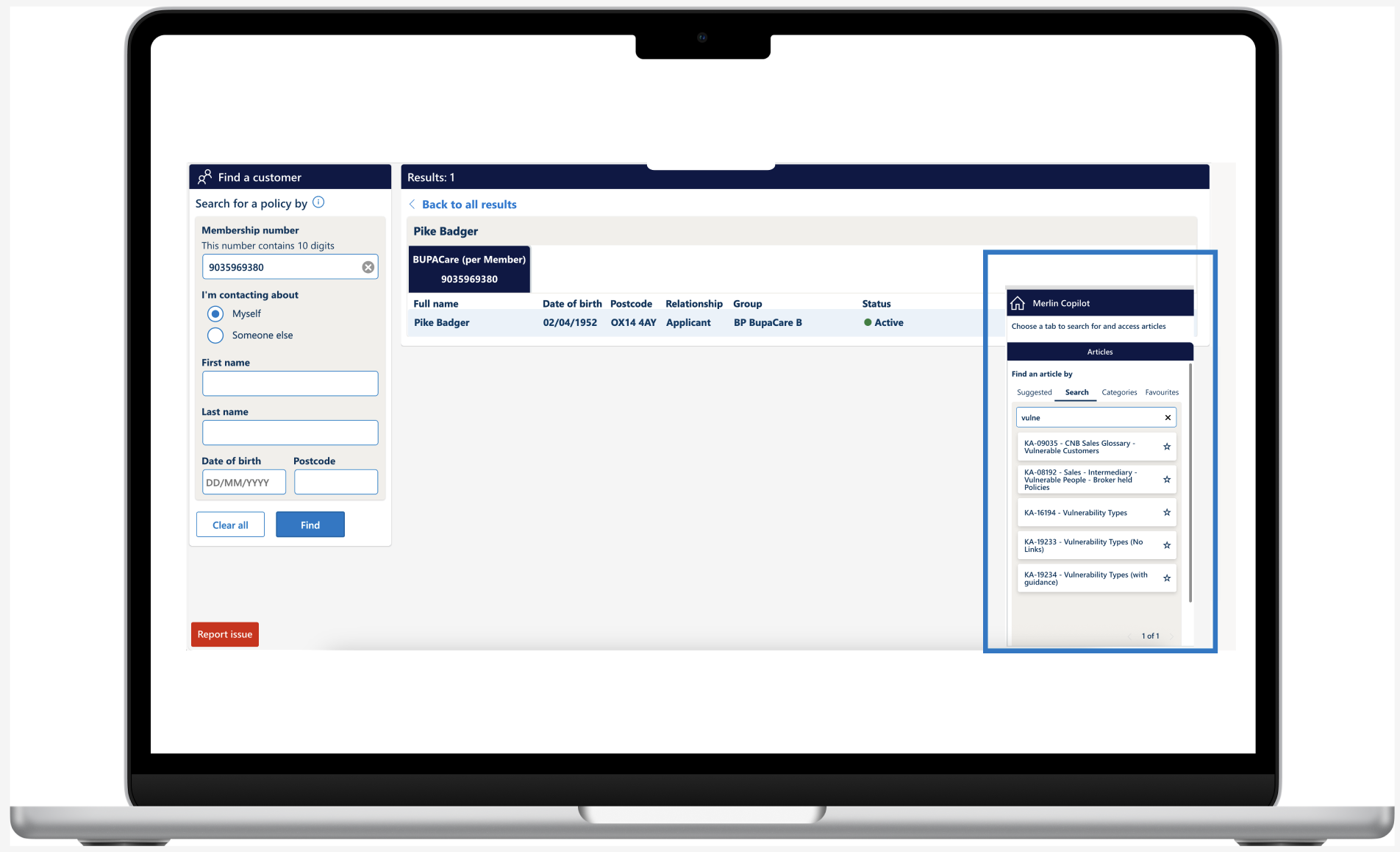 Screenshot of a laptop displaying a customer search interface with sections for entering membership number, contact details, and search options, alongside a results list showing a customer named Pike Badger and various articles related to vulnerabilities.