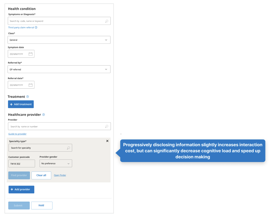 An online health form for recording health conditions, symptoms, referral sources, and treatments. It includes sections for patient info, healthcare provider details, specialty search, and options to add or submit entries. A blue informational box states, 'Progressively disclosing information slightly increases interaction cost, but can significantly decrease cognitive load and speed up decision making.'