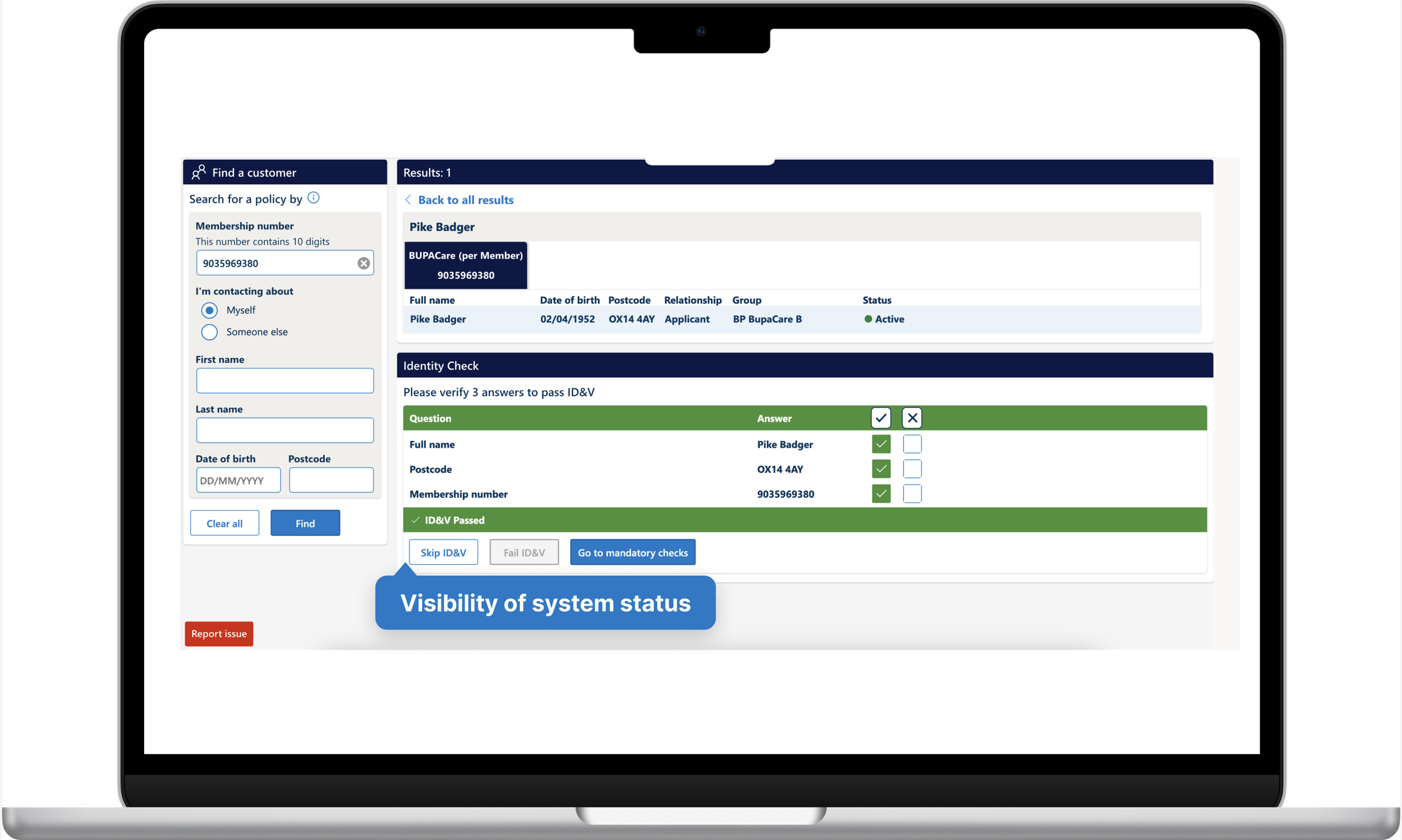Tablet screen displaying a customer search interface with a results list, identity check section, and system status visibility message.