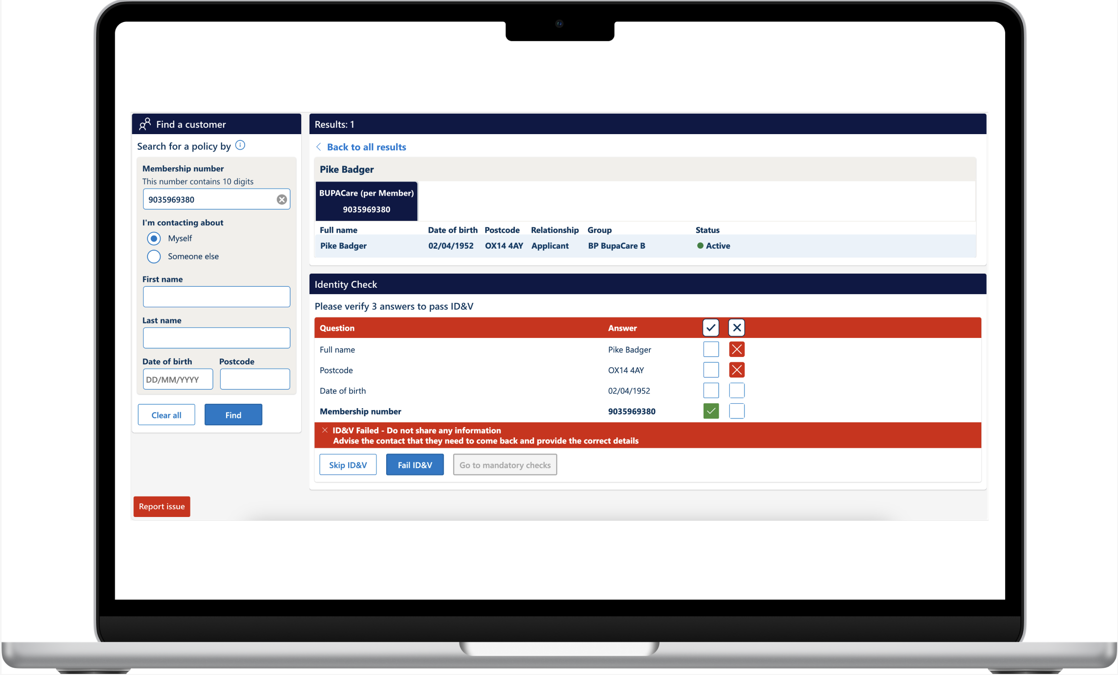A laptop displaying a web interface for checking customer identity information, including personal details, membership number, and verification status, with buttons for skipping or failing ID verification.