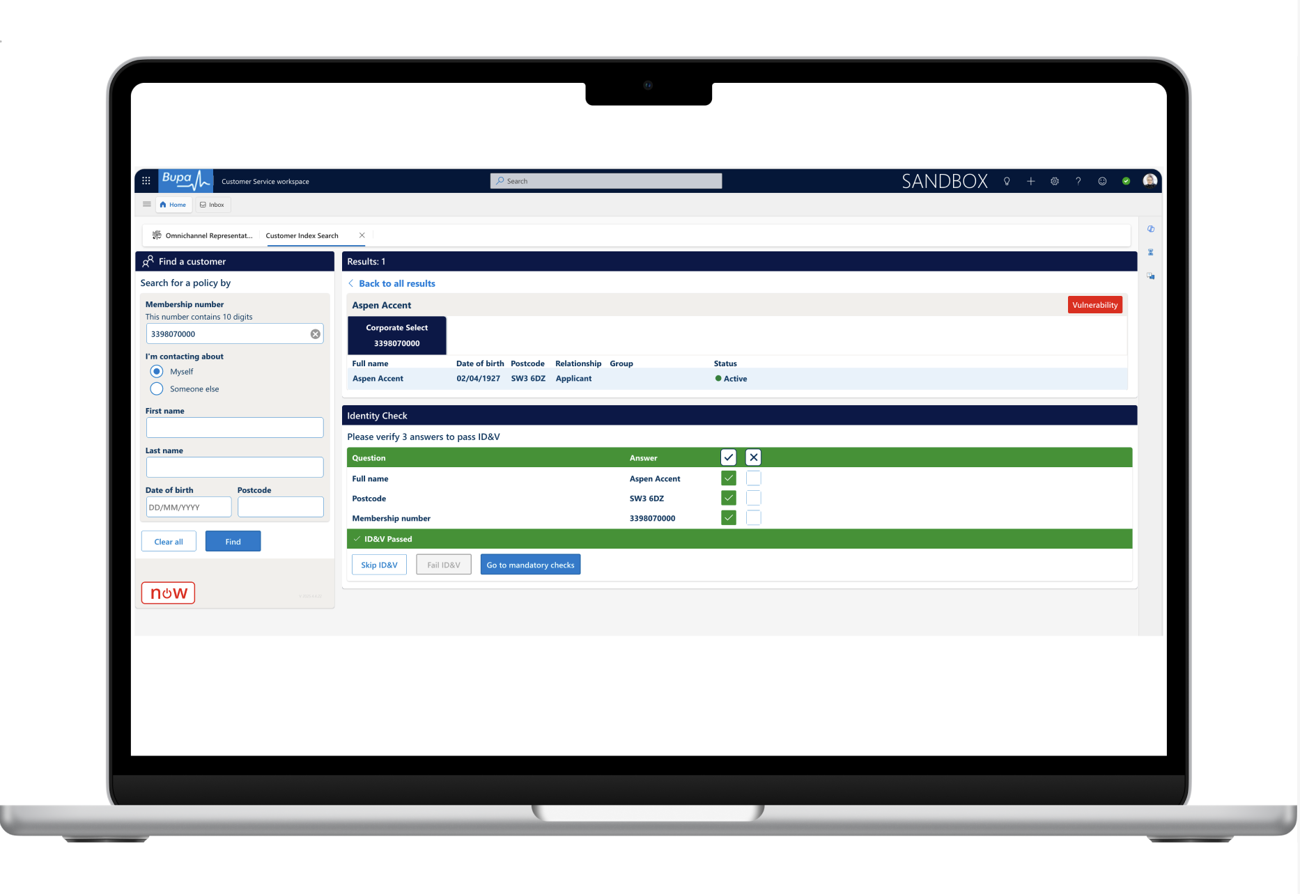 A screenshot of a digital computer screen displaying a customer service interface with detailed personal information, verification status, and security checks for a client named Aspen Accent.