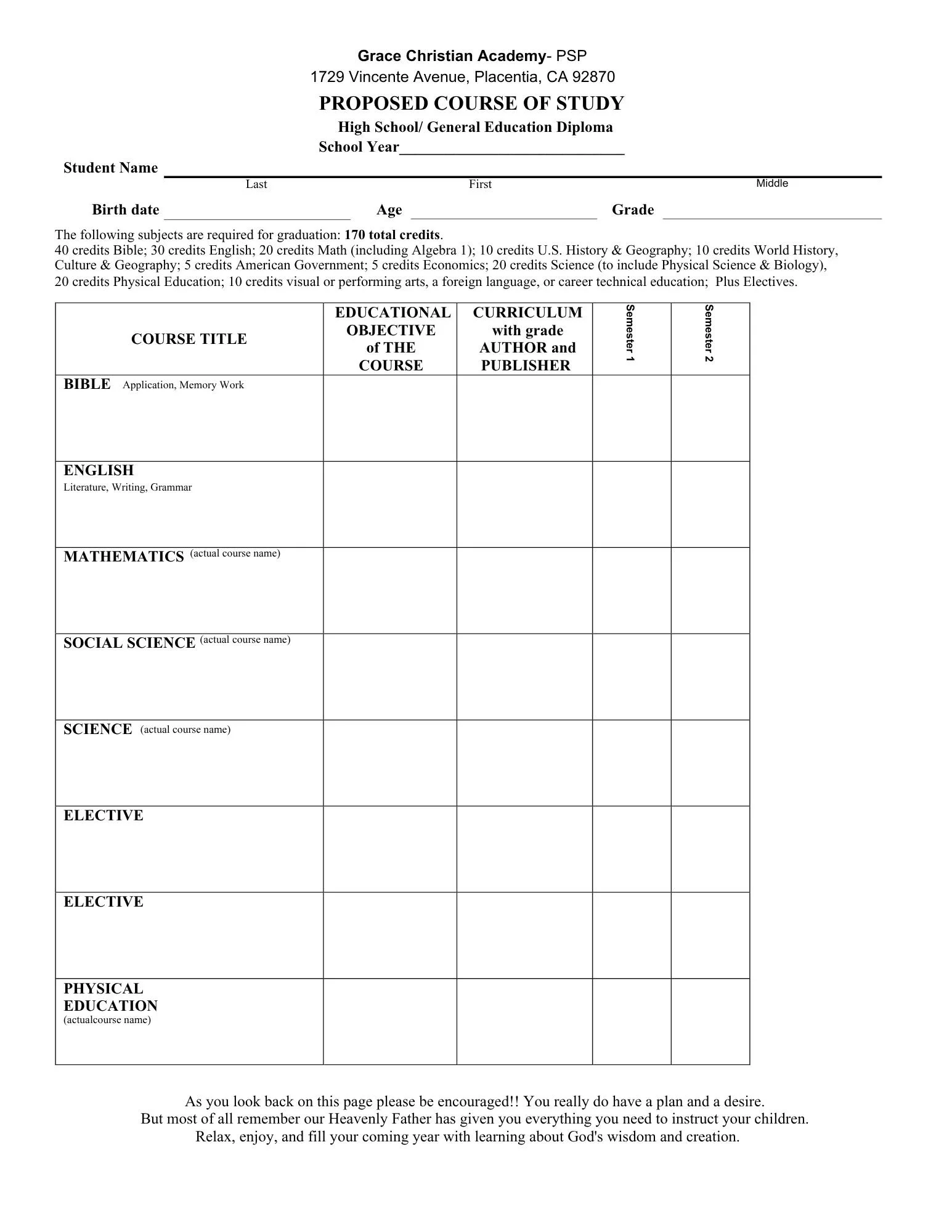 General HS Proposed Course of Study