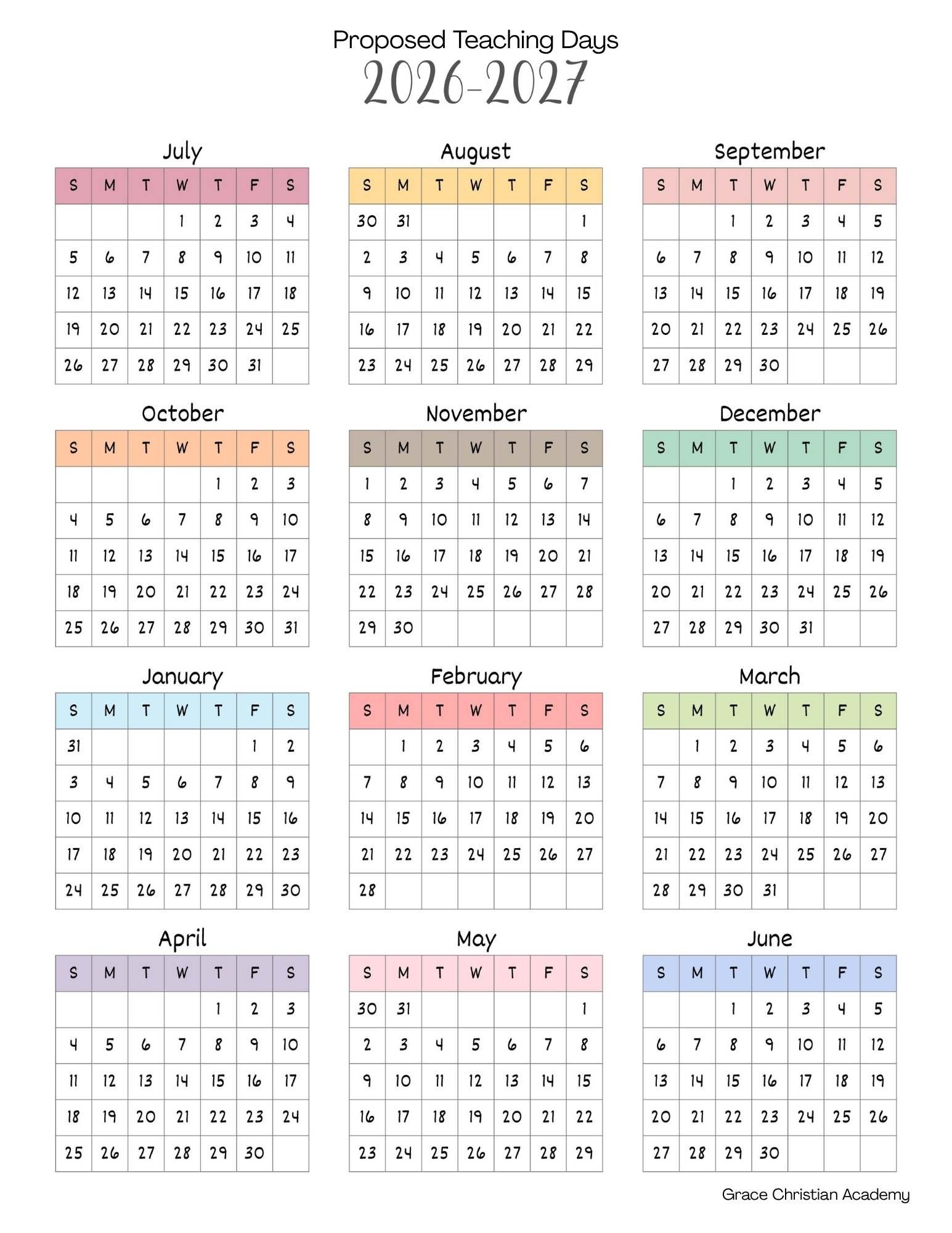 Proposed Teaching Days 2026-2027