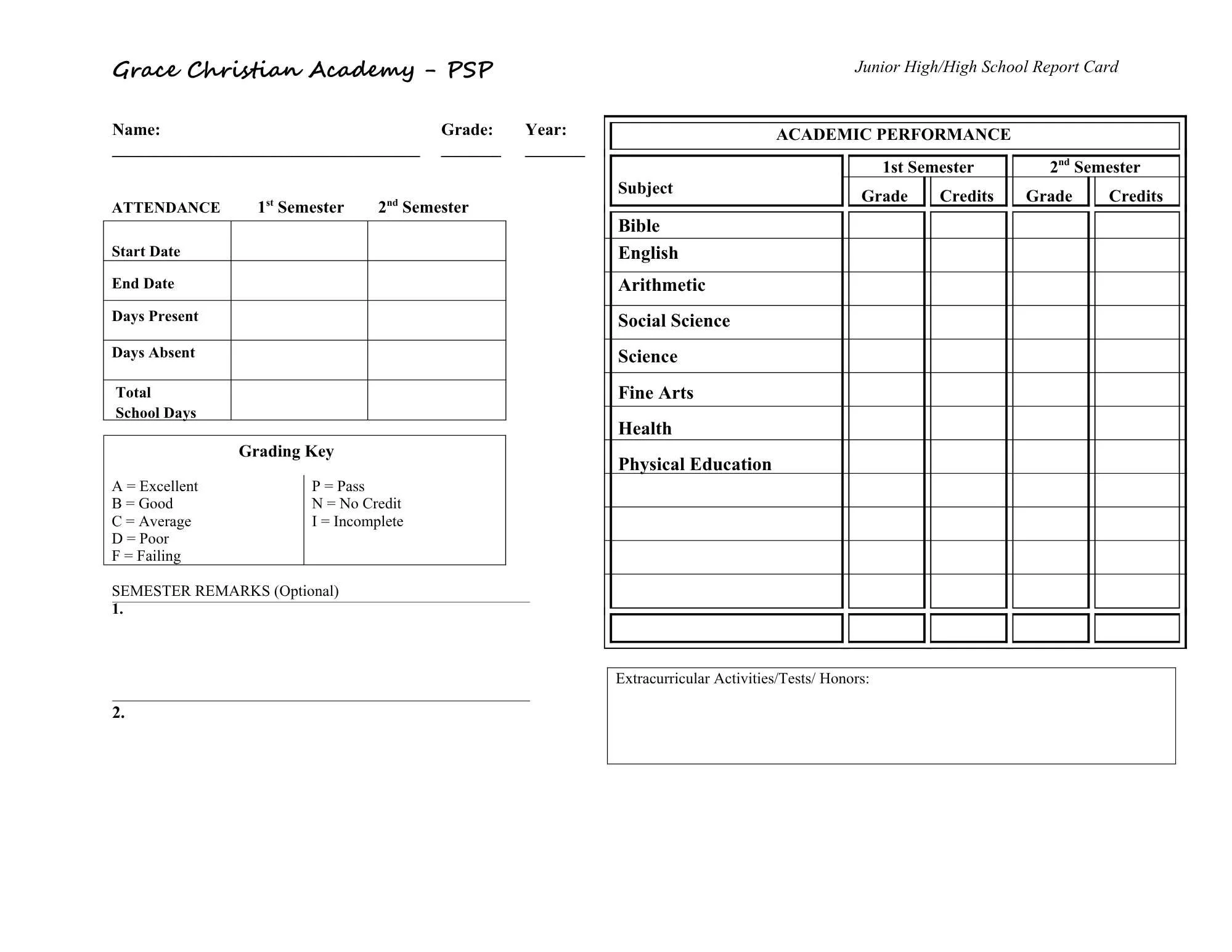 Jr High & High School Report Card