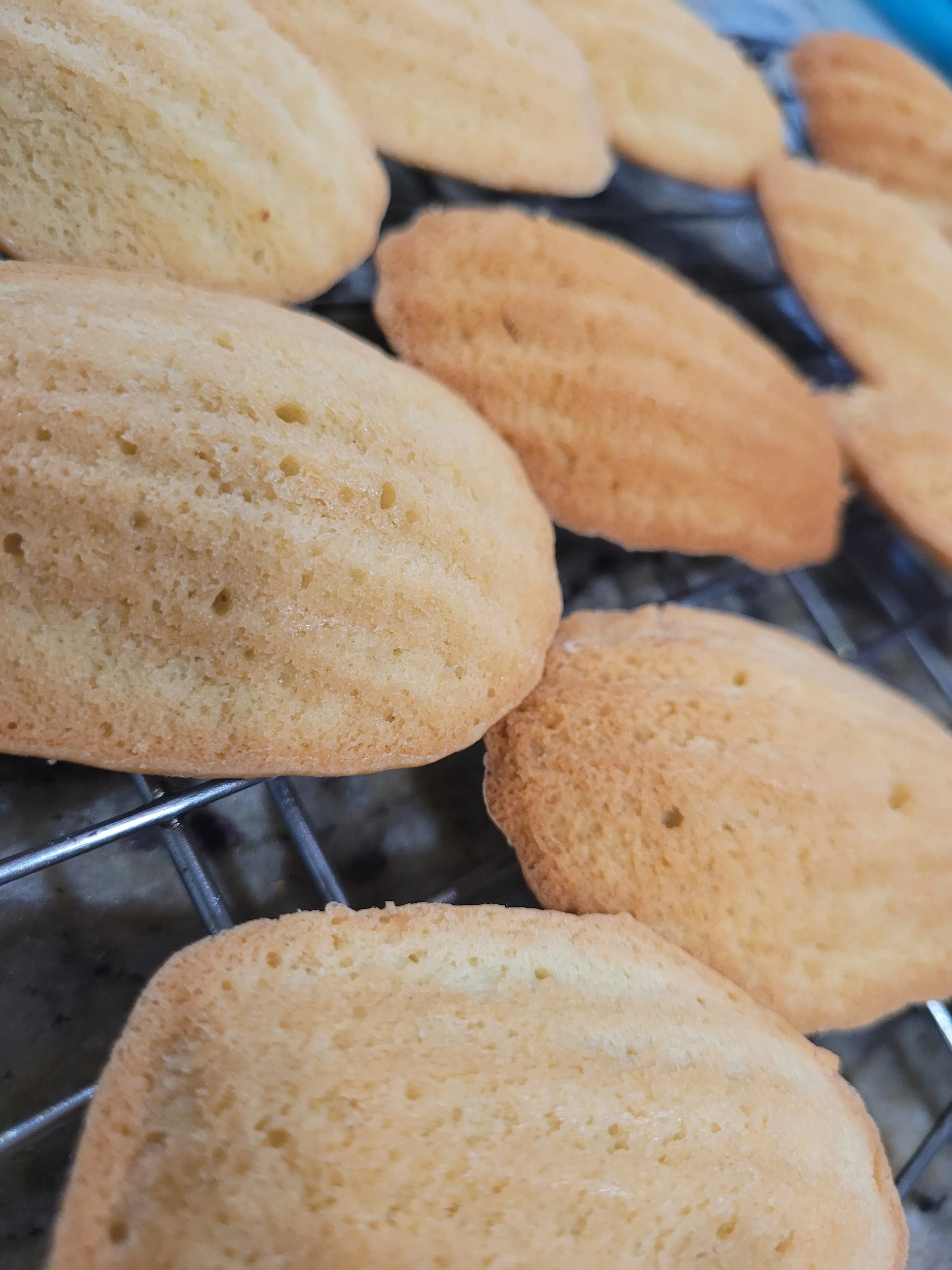 Close-up of freshly baked cookies with a golden-brown color, placed on a cooling rack.