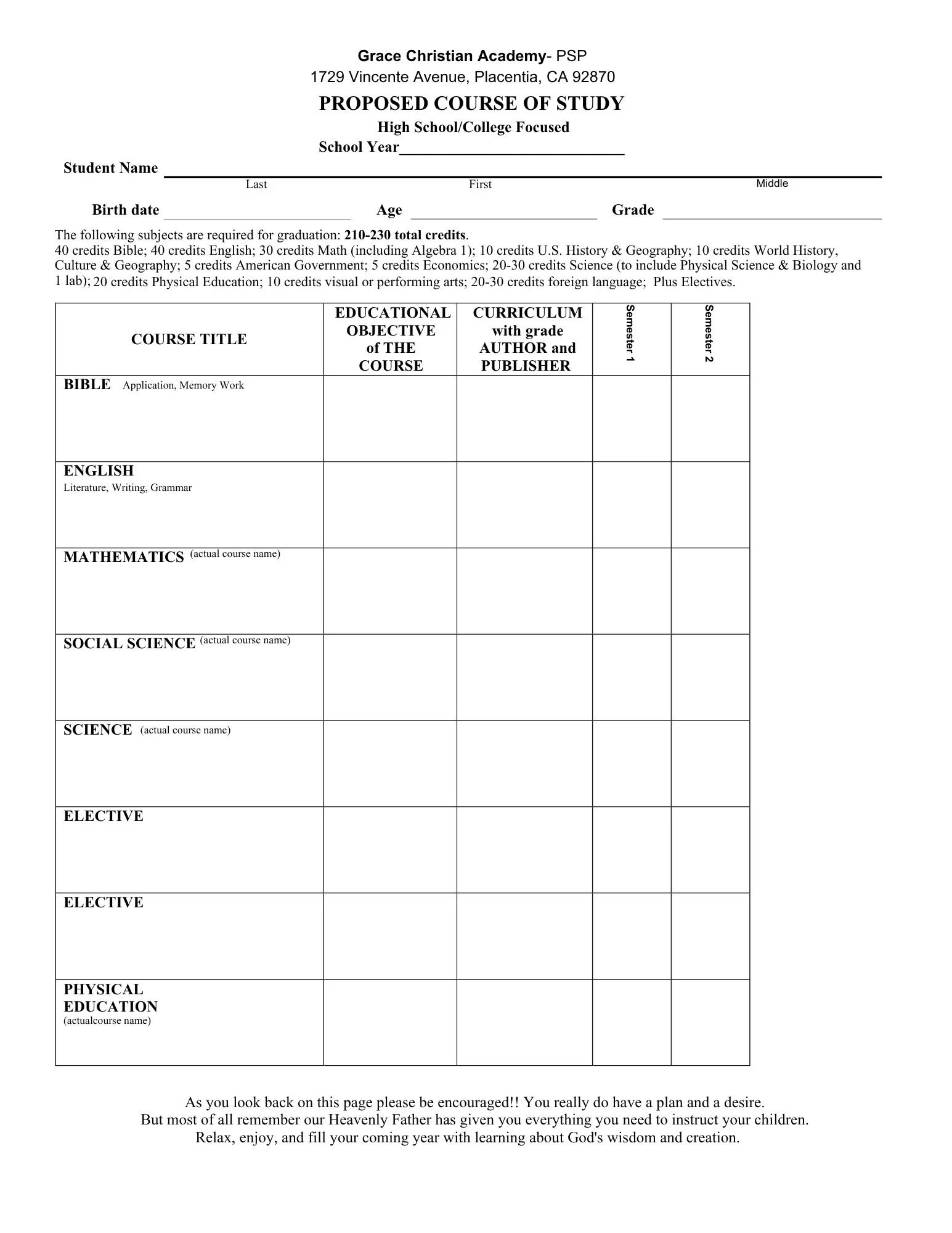 College HS Proposed Course of Study