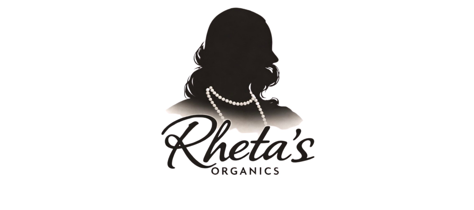 Silhouette of a woman with hair styled in loose waves, wearing a pearl necklace, with the text 'Kheta's Organics' at the bottom.