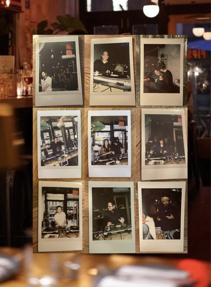 A collage of nine Polaroid photos on a wooden table, featuring scenes of people in a bar or restaurant setting, including DJ setup, socializing, and drinks.