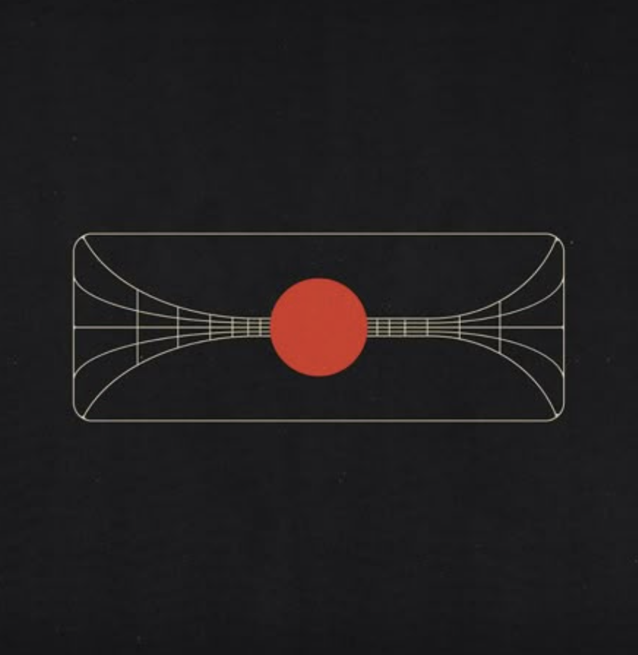 A black background with a white geometric line drawing and a red circle in the center, resembling abstract art or a scientific diagram.