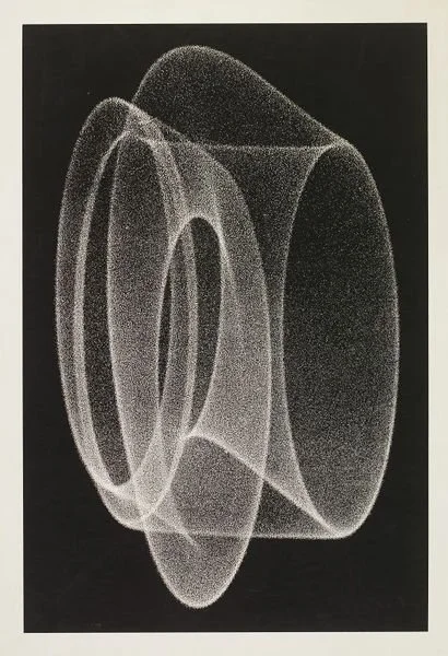 Black and white scientific illustration of a complex, transparent geometric shape with overlapping loops and curved surfaces.