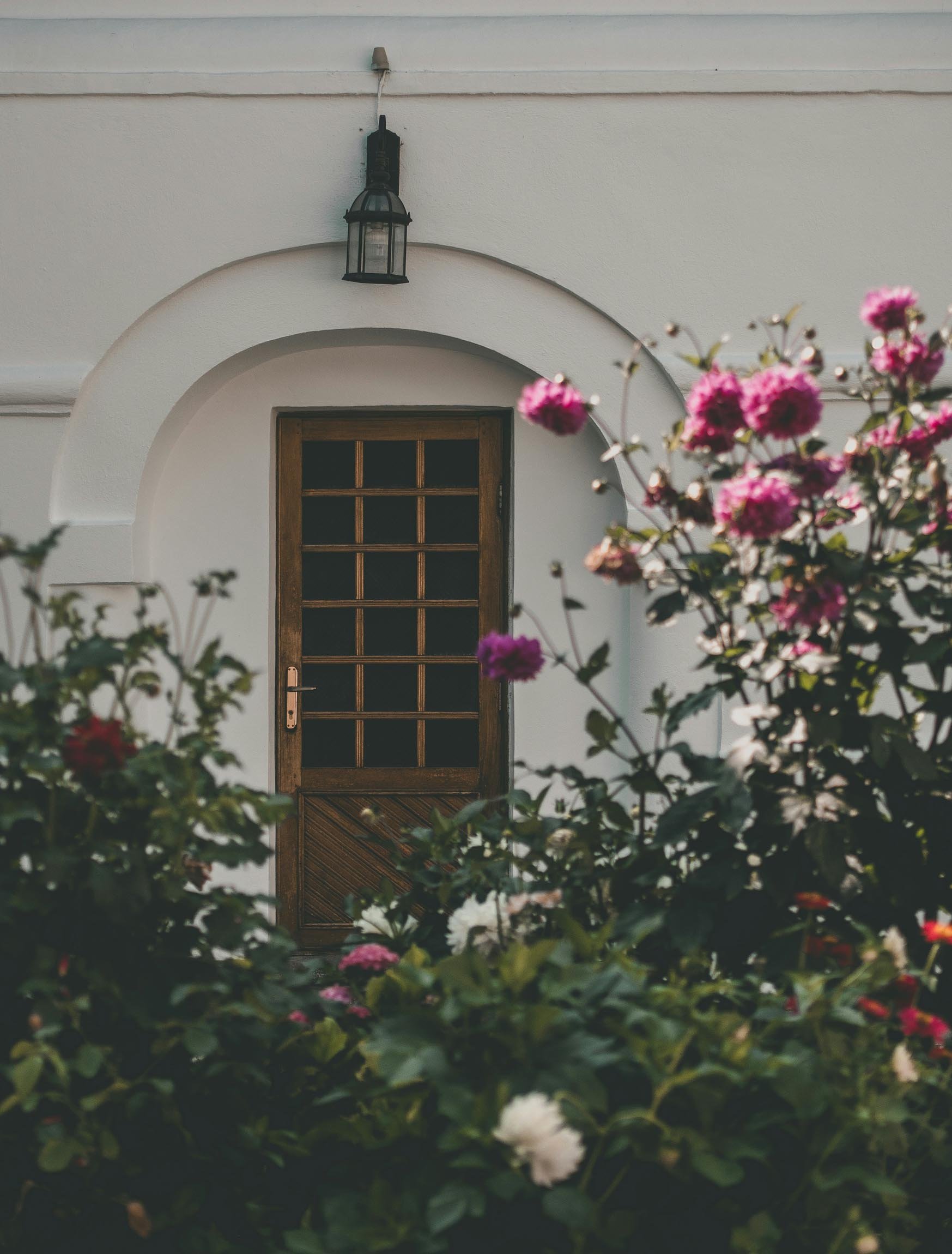 A white building with a wooden door and an arched entrance, a black outdoor lantern above the door, surrounded by pink and white flowers and greenery.