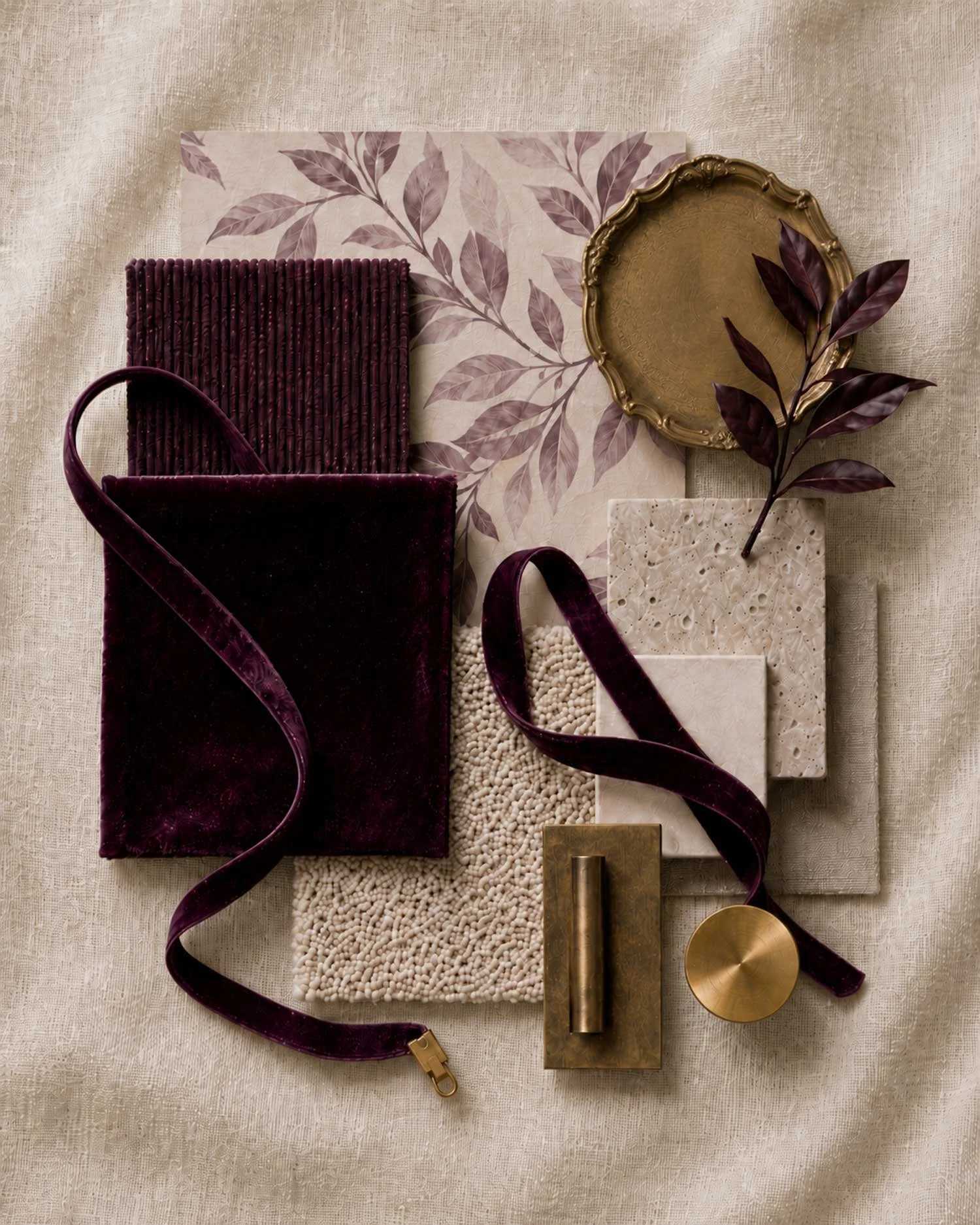 Arrangement of wall art and decorative objects on a fabric surface, featuring a purple purse, framed botanical print, a gold tray with a branch, a small marble slab, a brass vase, and a gold circular object.