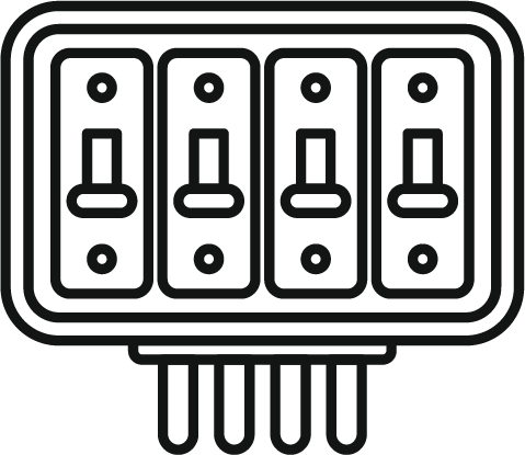 Black outline of a fuse box with five fuses.