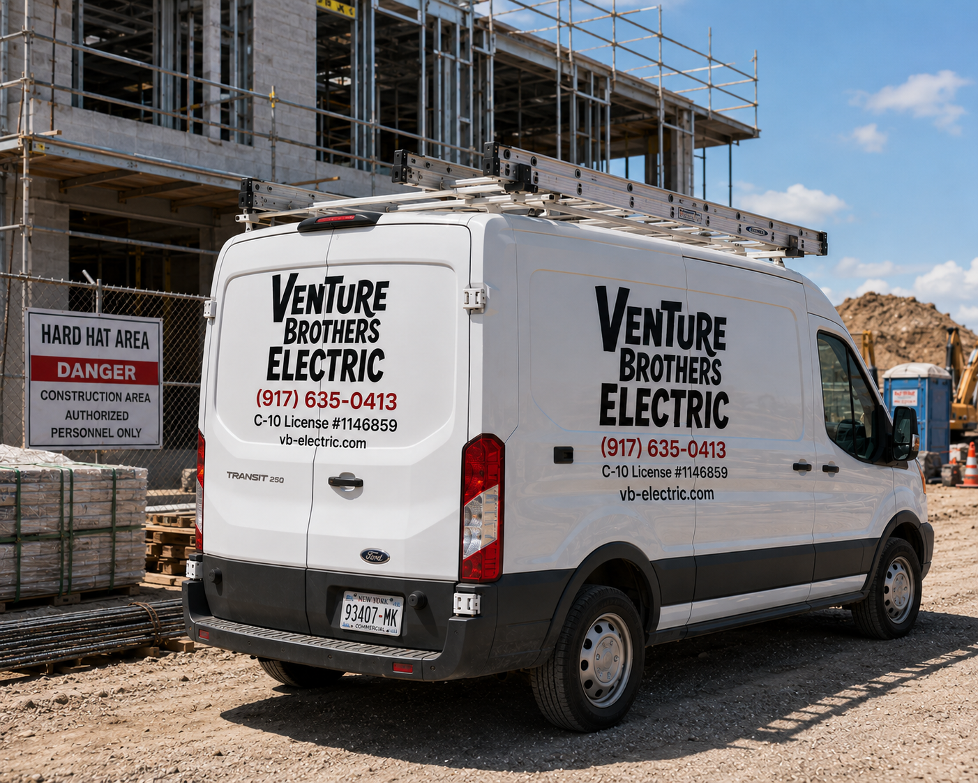 Construction site with a white van labeled 'Venture Brothers Electric' parked near a fence with a 'Hard Hat Area' warning sign. The van has a ladder on top and there are building materials and construction equipment around.