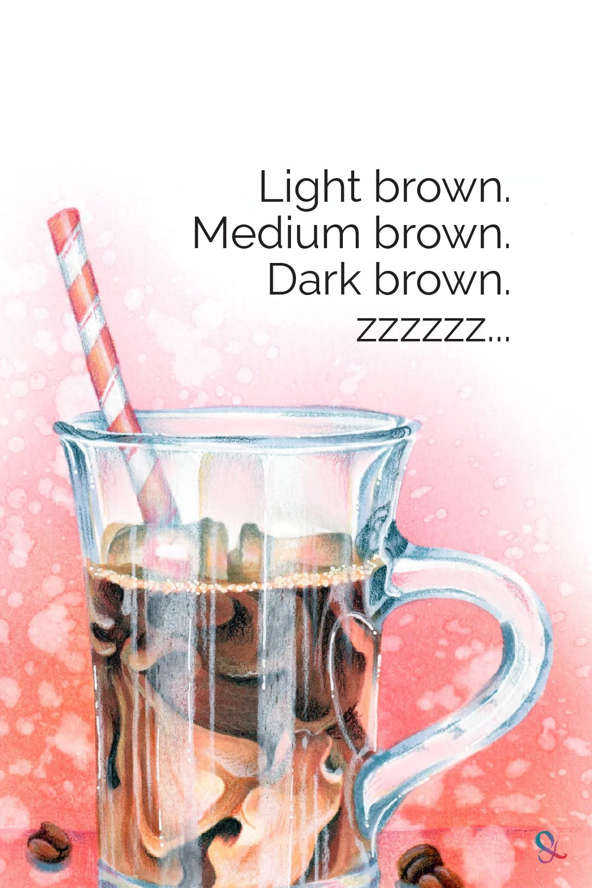 Iced Coffee food illustration with markers and colored pencils. Learn why light-medium-dark blending combinations lack energy.
