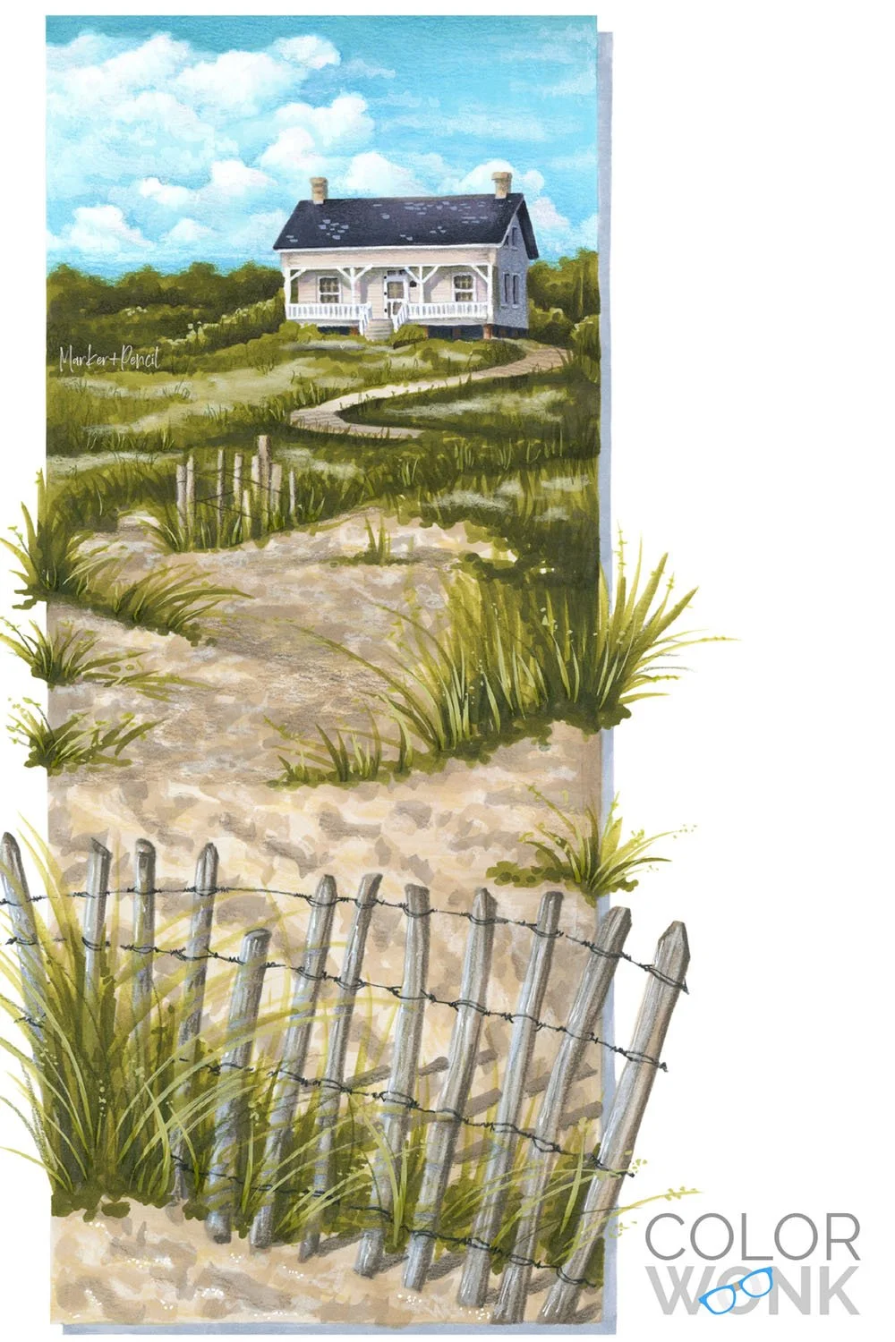 "Dune Cottage" workshop at ColorWonk.com. Learn to color beachy landscapes with alcohol markers and colored pencil.