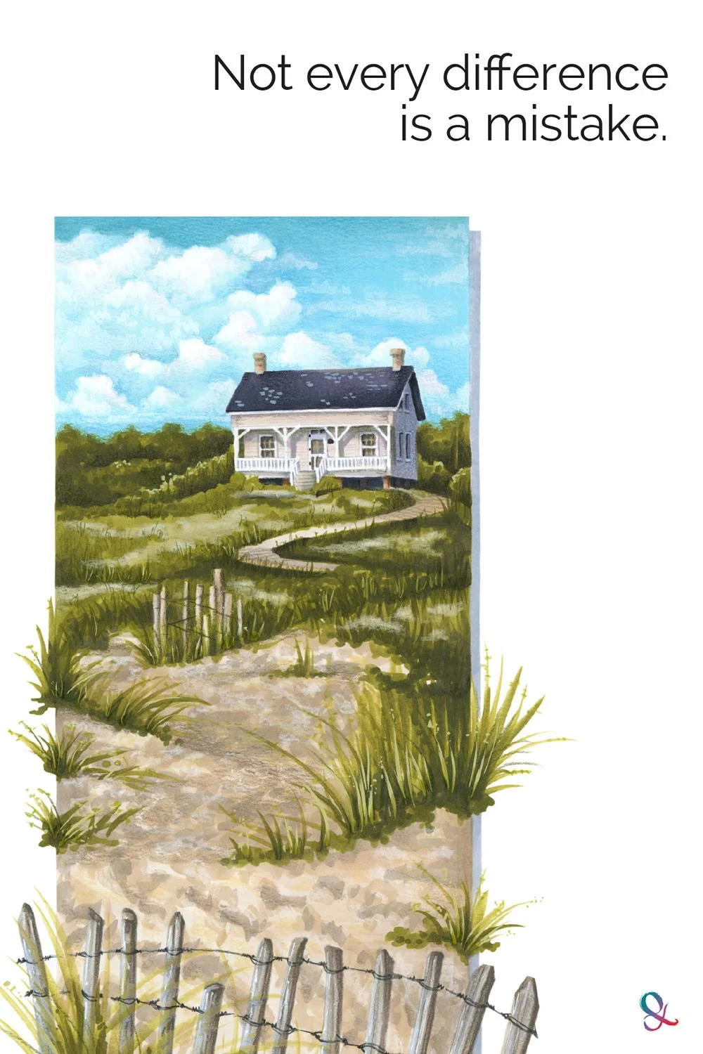 Dune Cottage illustration with markers and colored pencils. Learn why Not every difference is a mistake, your projects don't have to match the class sample.