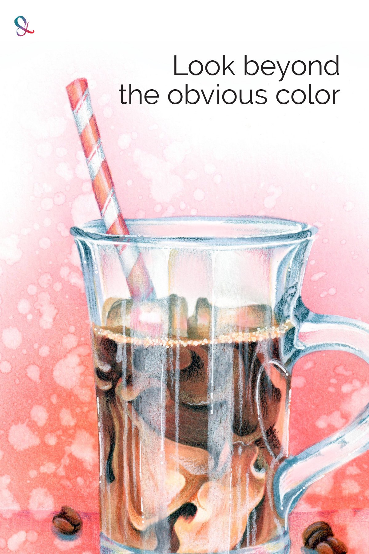 Closeup of "Iced Coffee" marker and pencil illustration. "Look beyond the obvious color" with this article adding energy to blending combinations.