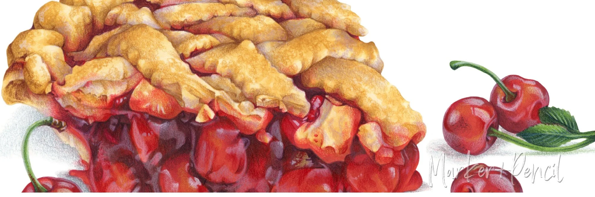 Closeup detail of "Easy as Pie" marker and colored pencil illustration. Learn how advanced coloring projects use beginner techniques.