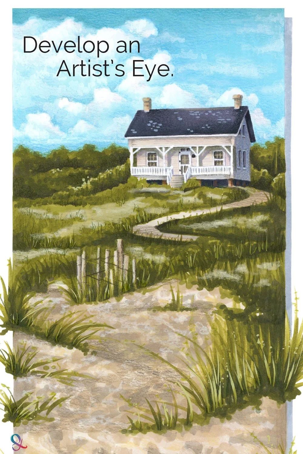 Closeup of "Dune Cottage" marker and pencil illustration. "Develop and Artist's eye" with this article on finding and fixing coloring mistakes.