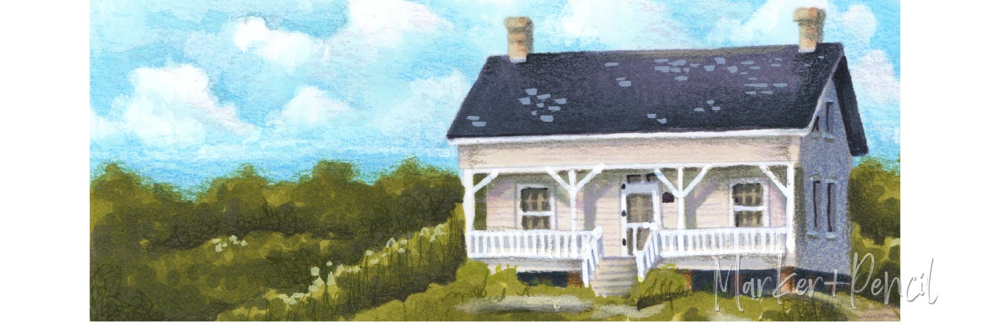 Closeup of "Dune Cottage" illustration in Copic Marker and colored pencil. Learn why matching the tutorial sample isn't the point of a class.