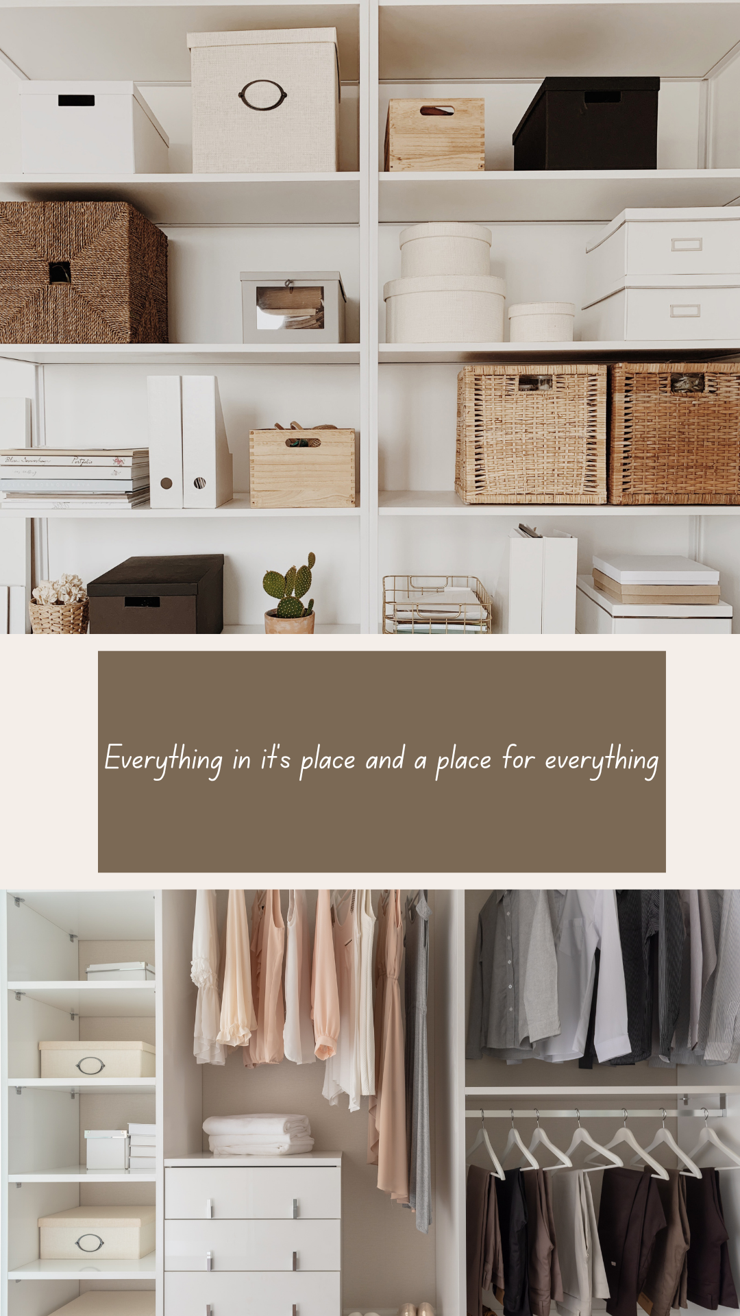 Organized closet with storage boxes, shelves, and clothing hanging on racks.