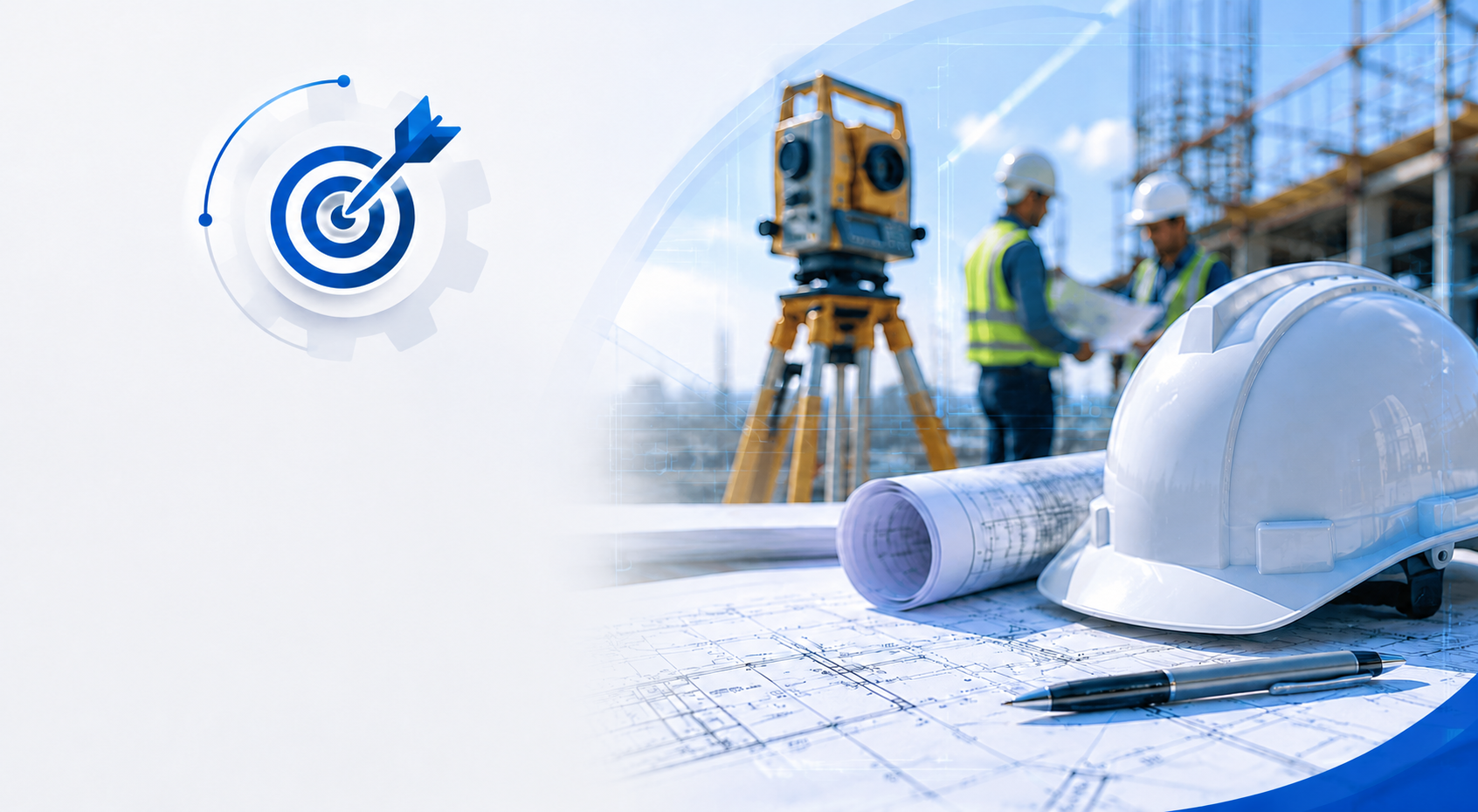 Imagen de un sitio de construcción con planos, casco de seguridad, herramientas, y trabajadores con casco y chalecos reflectivos, en un entorno de obra y maquinaria de construcción.