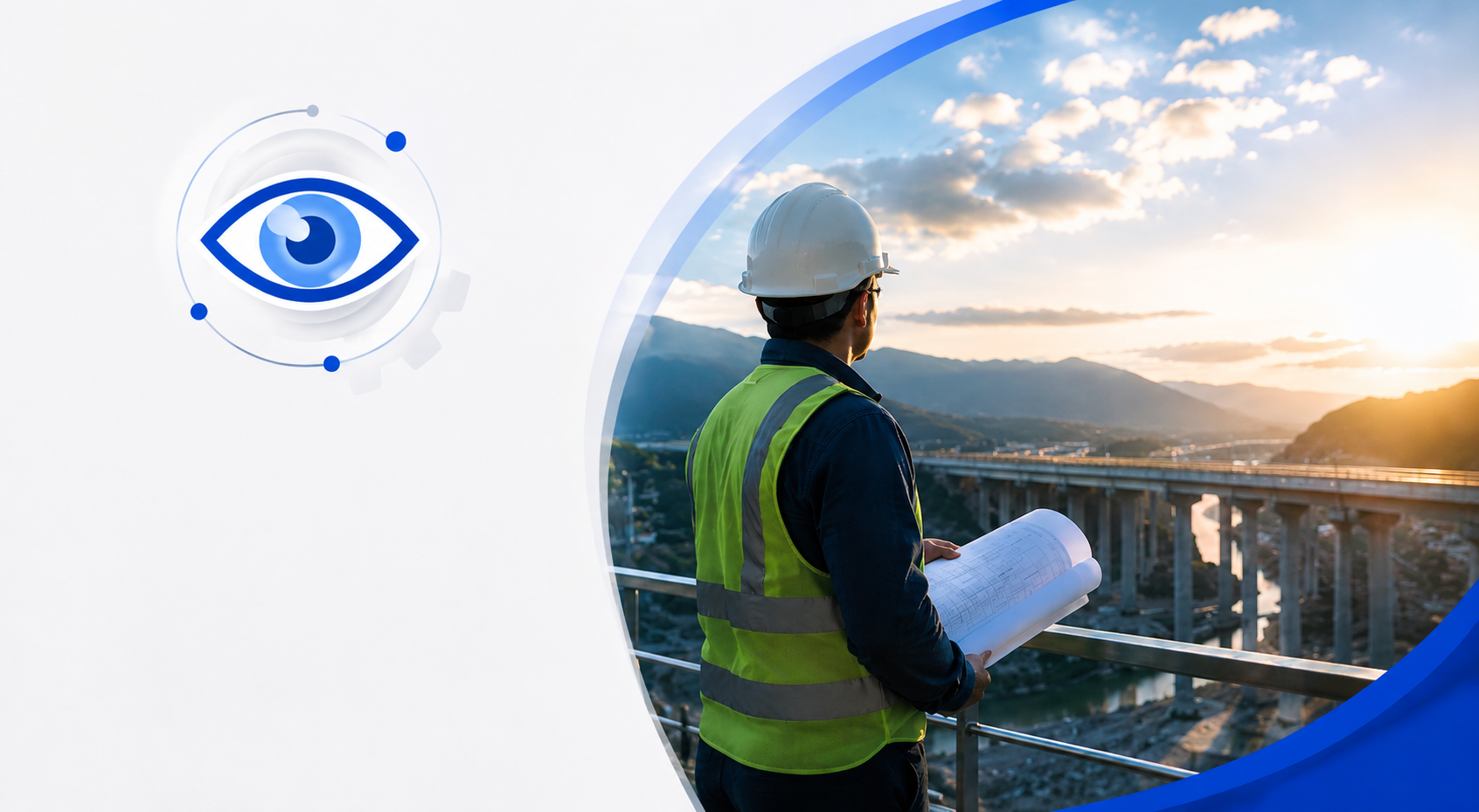 Un ingeniero con casco y chaleco de seguridad sostiene planos mientras observa un puente en construcción con montañas de fondo al atardecer.
