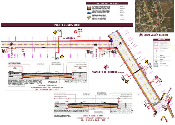 Plano de construcción y referencias de calles Cerezo y Calle 2 de Mayo con detalles técnicos, cortes y datos de obra.