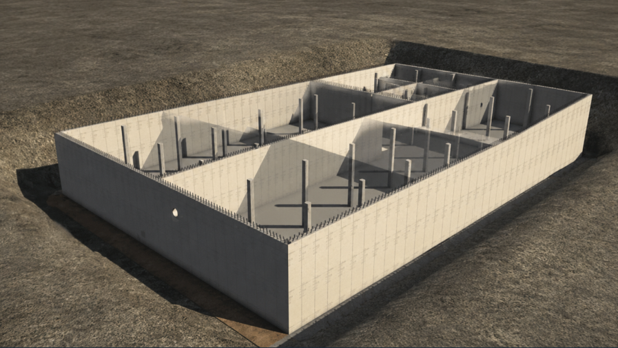Modelo de una estructura de cimentación de concreto con paredes y pilares, situada sobre tierra arenosa.