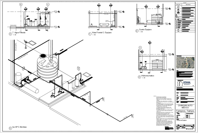 Plano técnico de un sistema de filtración de agua con equipo hidroneumático, tuberías y accesorios, incluyendo vistas en corte frontal y en planta, con detalles y anotaciones técnicas.
