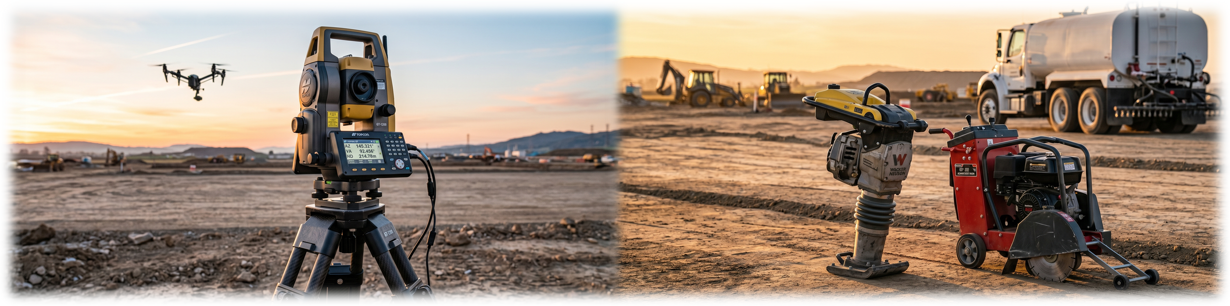 Imágenes de maquinaria en una obra en construcción, mostrando un equipo de topografía y una compactadora en primer plano, con maquinaria pesada y camiones en el fondo durante el atardecer.