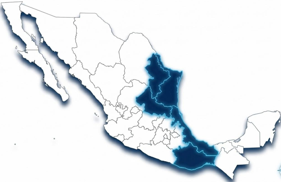 Mapa de México con áreas en azul que representan regiones con ríos o cuerpos de agua destacados