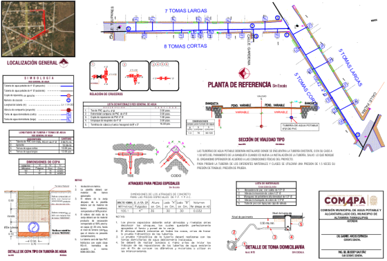 Plano técnico de infraestructura con detalles de tuberías, pilotes, y accesorios. Incluye símbolos, diagramas, y notas en español, con referencias y medidas específicas para construcción.