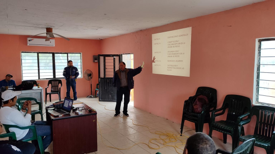 Instructor dando una presentación a un grupo de personas en una sala de clases con paredes rosadas.