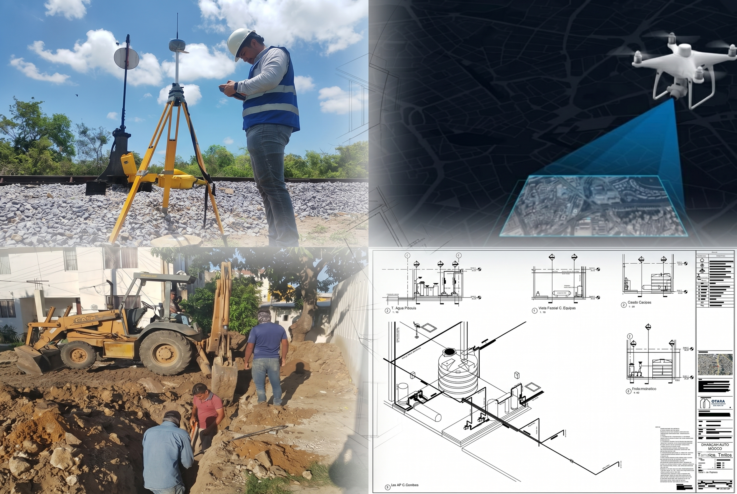Collage digital de ingeniería que muestra a un topógrafo con equipo GNSS en campo, un dron realizando mapeo aéreo y un plano técnico de construcción.