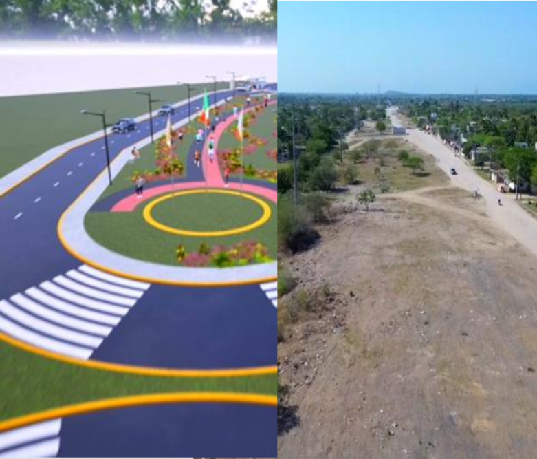 Imagen comparativa de un proyecto de infraestructura urbana y una calle rural. La izquierda muestra un diseño artístico de una calle con pasos peatonales, áreas de césped y mobiliario urbano, mientras que a la derecha se ve una calle sin pavimentar, con algunas casas y vegetación escasa.
