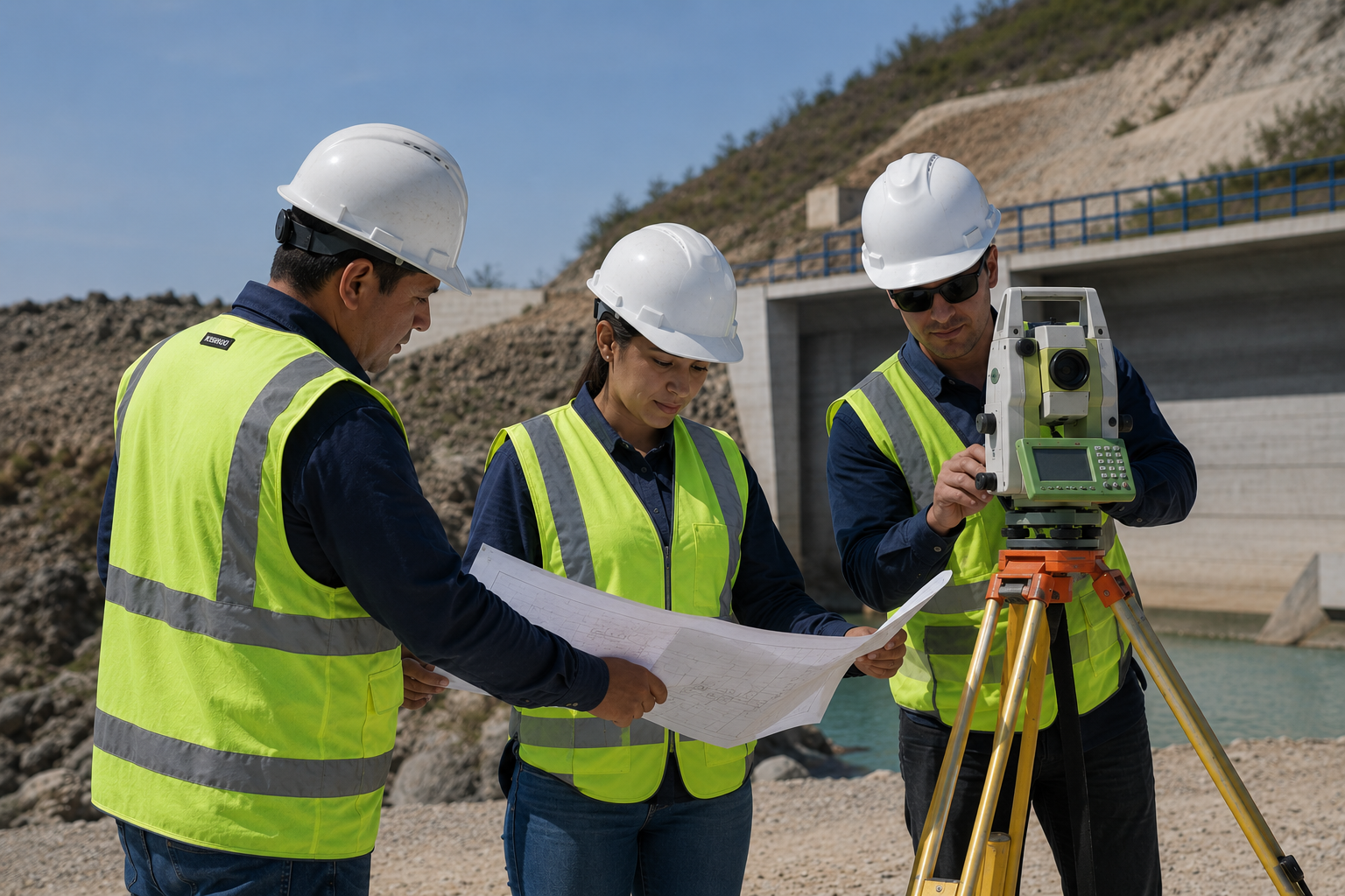 Tres ingenieros con cascos y chalecos de seguridad trabajando en el sitio de construcción de una presa, usando instrumentos de medición y revisando planos.