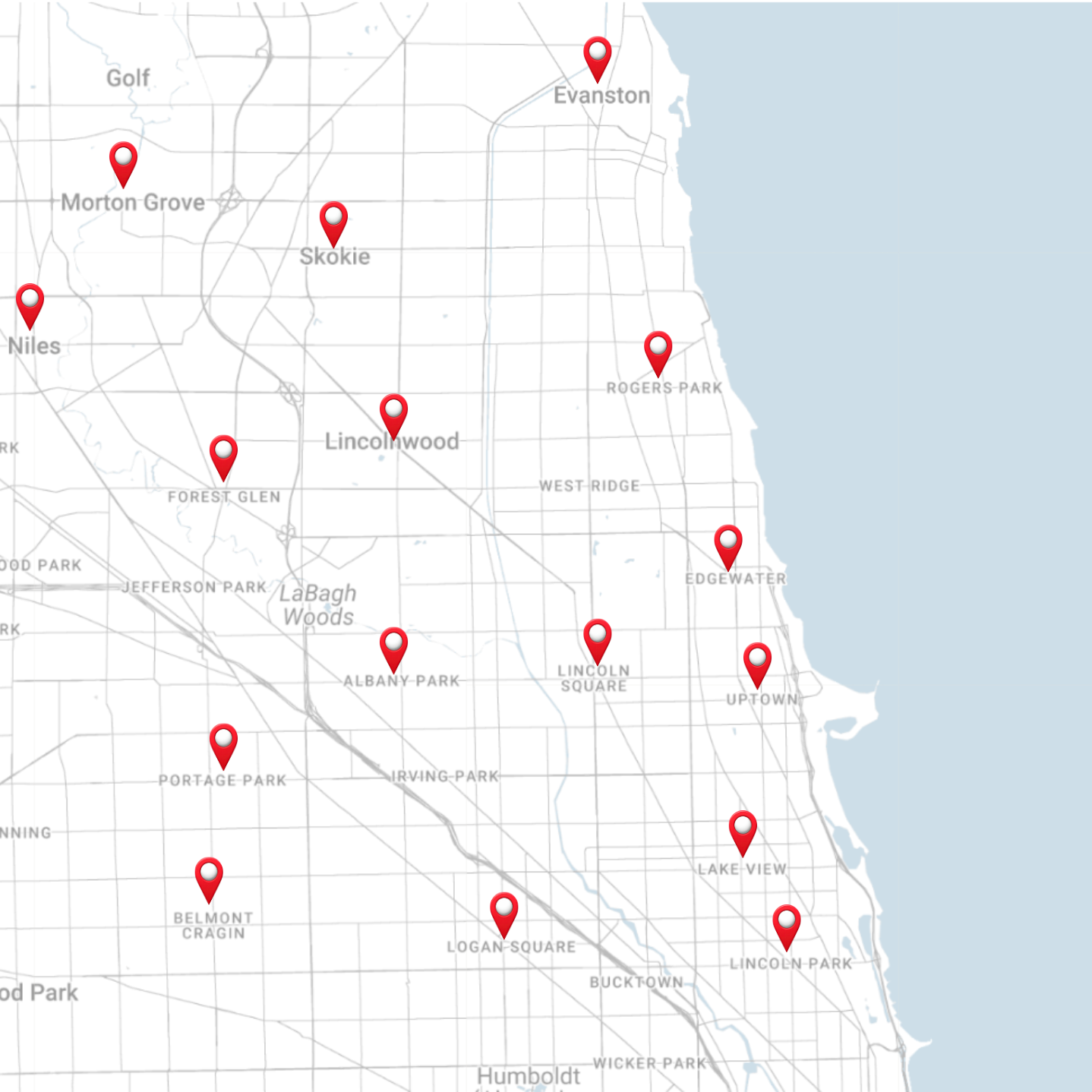 Map of Evanston, Illinois, with red location markers on various neighborhoods and landmarks, including Evanston, Rogers Park, Lincoln Square, Lincolnwood, Portage Park, Belmont Cragin, Irving Park, Logan Square, Bucktown, Lake View, and Uptown.