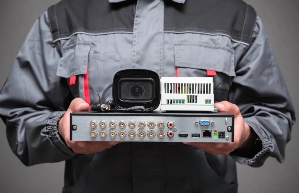 Person in a gray jacket holding a piece of electronic equipment with various ports, a camera on top, and a small white device on it.