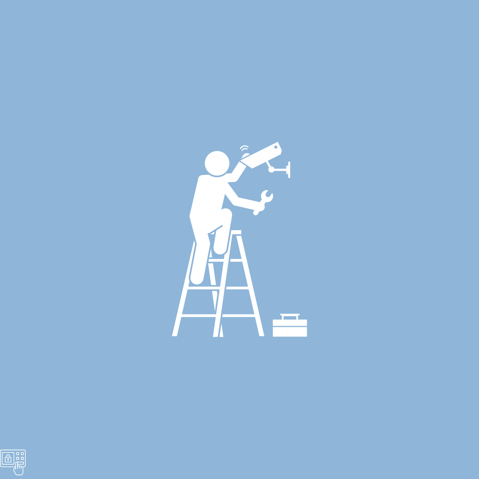 A person standing on a ladder, working with a surveillance camera, with a toolkit and a toolbox nearby, against a blue background.
